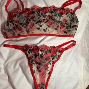 Red rose lace and mesh thong set